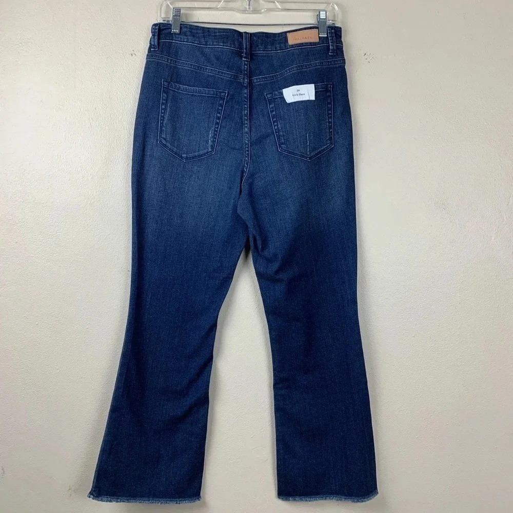 Halogen Cropped Kick Flare Jeans High Rise Frayed Ankle Distressed Dark Wash 28 - Picture 4 of 7